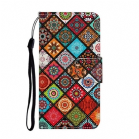 Custodia in pelle iPhone 12 Pro Max Mandala Patchwork Con Cordino