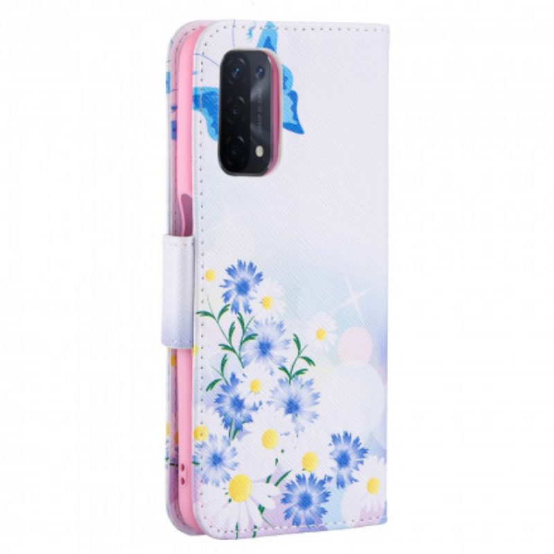 Custodia in pelle Oppo A54 5G / A74 5G Farfalle E Fiori Dipinti