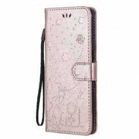 Custodia in pelle Oppo A54 5G / A74 5G Gatto E Ape Con Cordino