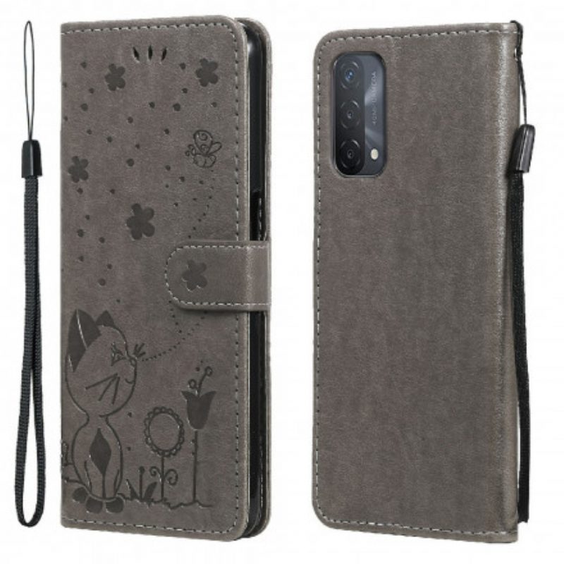 Custodia in pelle Oppo A54 5G / A74 5G Gatto E Ape Con Cordino