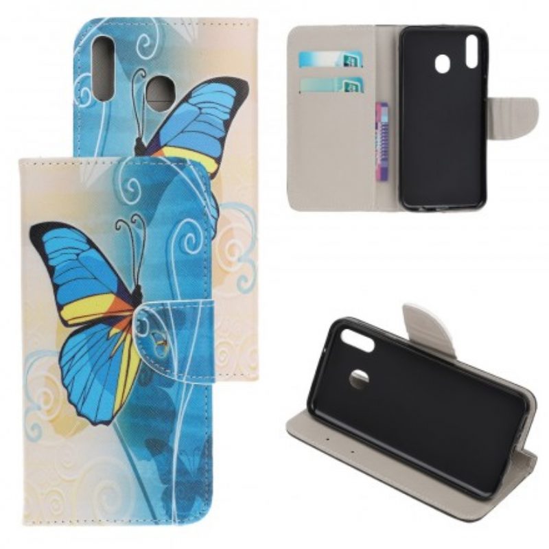 Custodia in pelle Samsung Galaxy A40 Farfalla Blu E Gialla