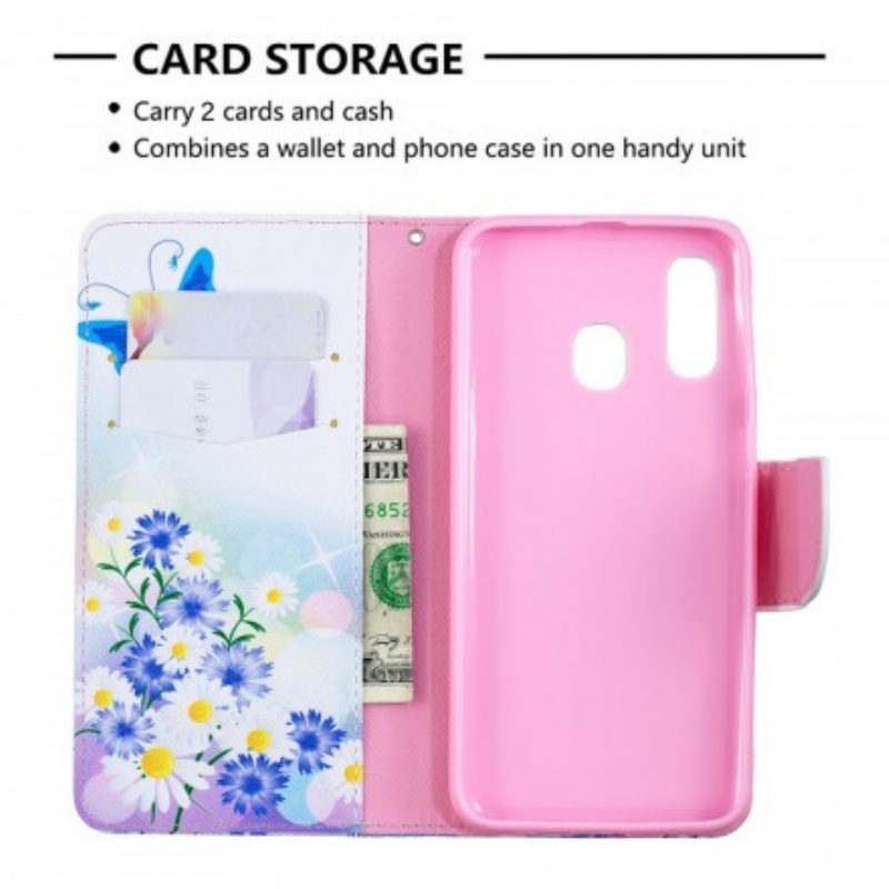 Custodia in pelle Samsung Galaxy A40 Farfalle E Fiori Dipinti