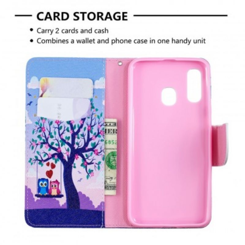 Custodia in pelle Samsung Galaxy A40 Gufi Sull'altalena