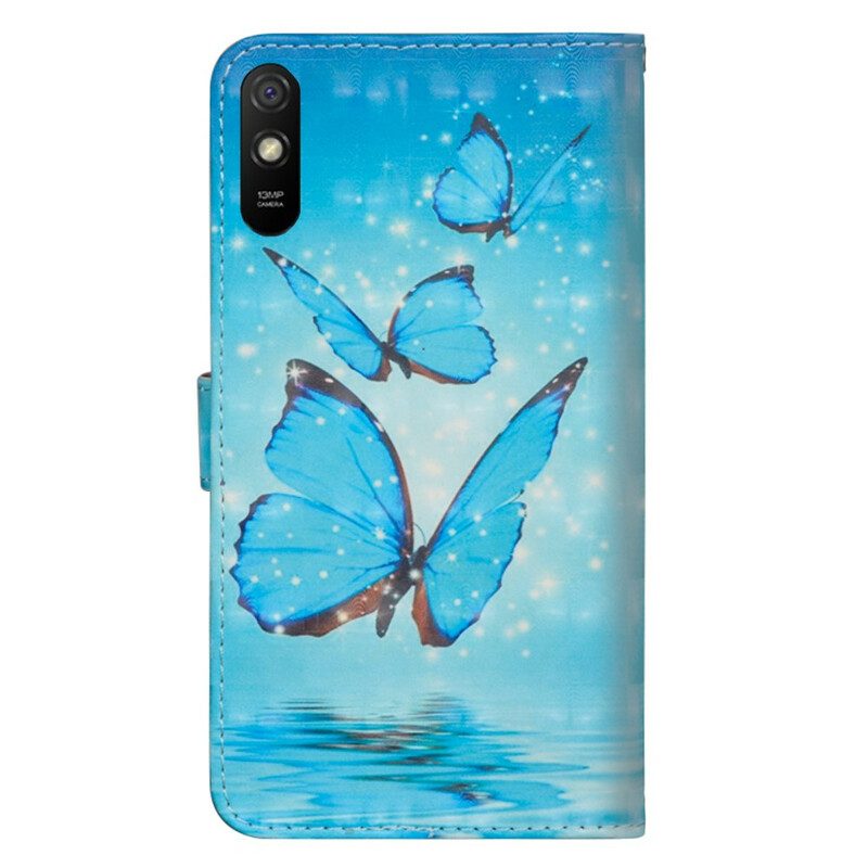 Custodia A Portafoglio Xiaomi Redmi 9A Farfalle Blu Volanti