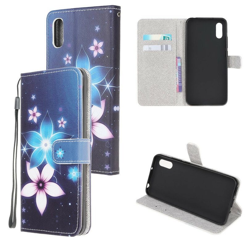 Custodia in pelle Xiaomi Redmi 9A Cinturino Lunare Fiori