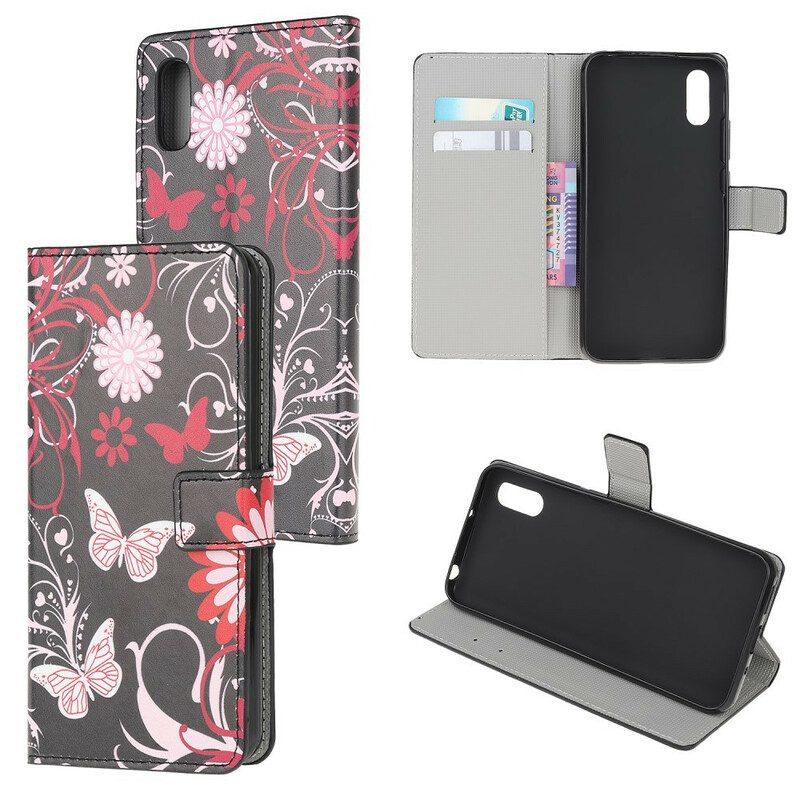 Custodia in pelle Xiaomi Redmi 9A Farfalle E Fiori