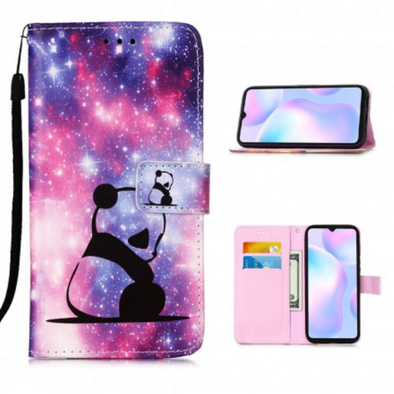 Custodia in pelle Xiaomi Redmi 9A Lanyard Panda Riflessioni