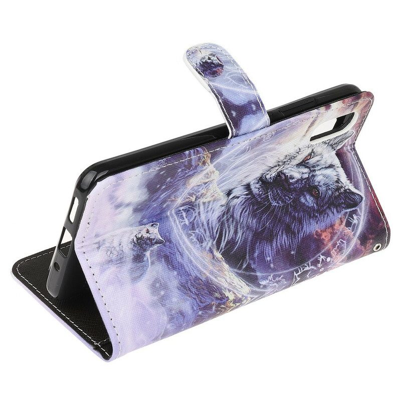 Custodia in pelle Xiaomi Redmi 9A Lupo In Inverno Con Cordino