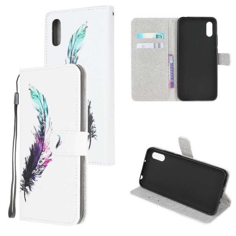 Custodia in pelle Xiaomi Redmi 9A Piuma Con Cordino