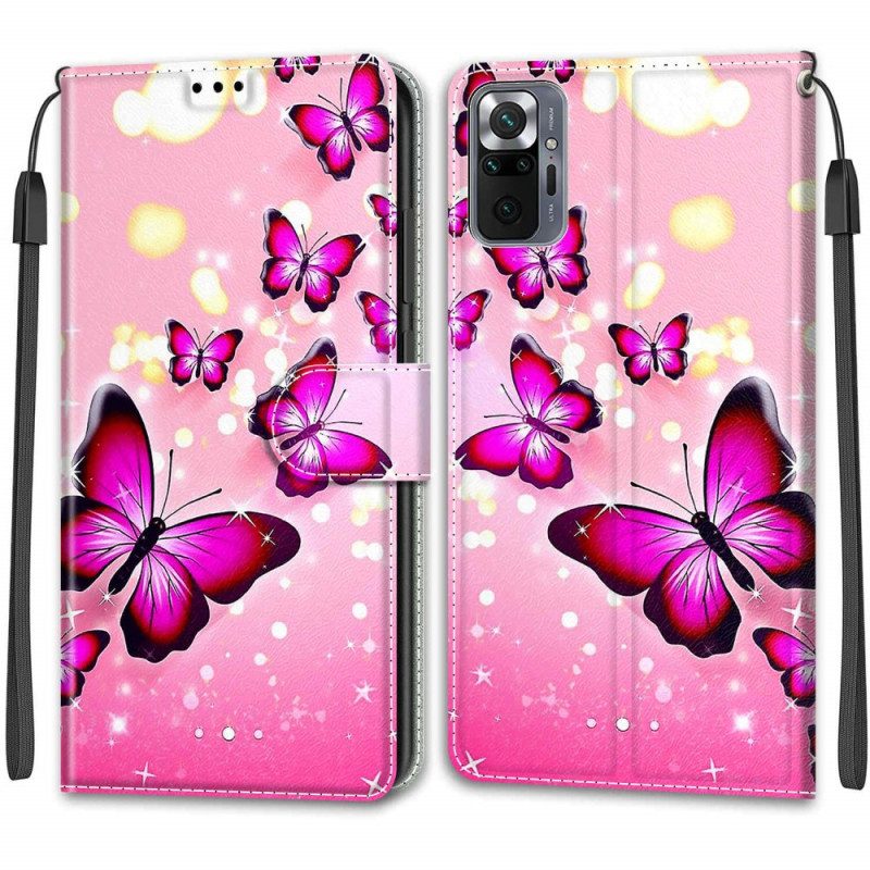 Custodia in pelle Xiaomi Redmi Note 10 Pro Farfalle E Cordino