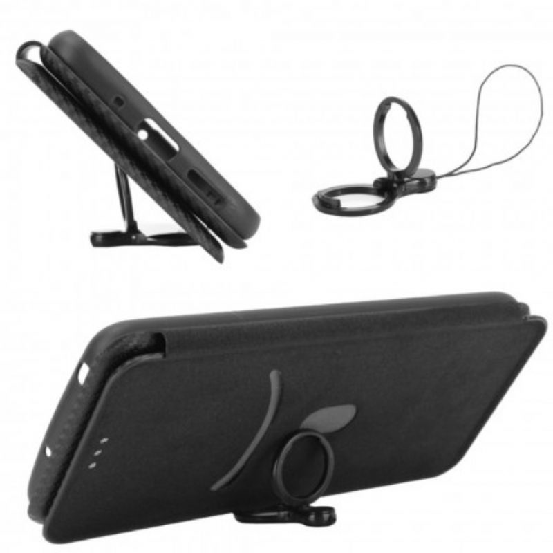Folio Cover Xiaomi Mi 11 Pro Custodia in pelle Fibra Di Carbonio Con Anello Di Supporto