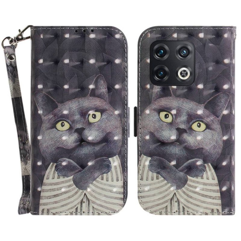 Custodia in pelle OnePlus 10 Pro 5G Gatto Grigio Con Cinturino