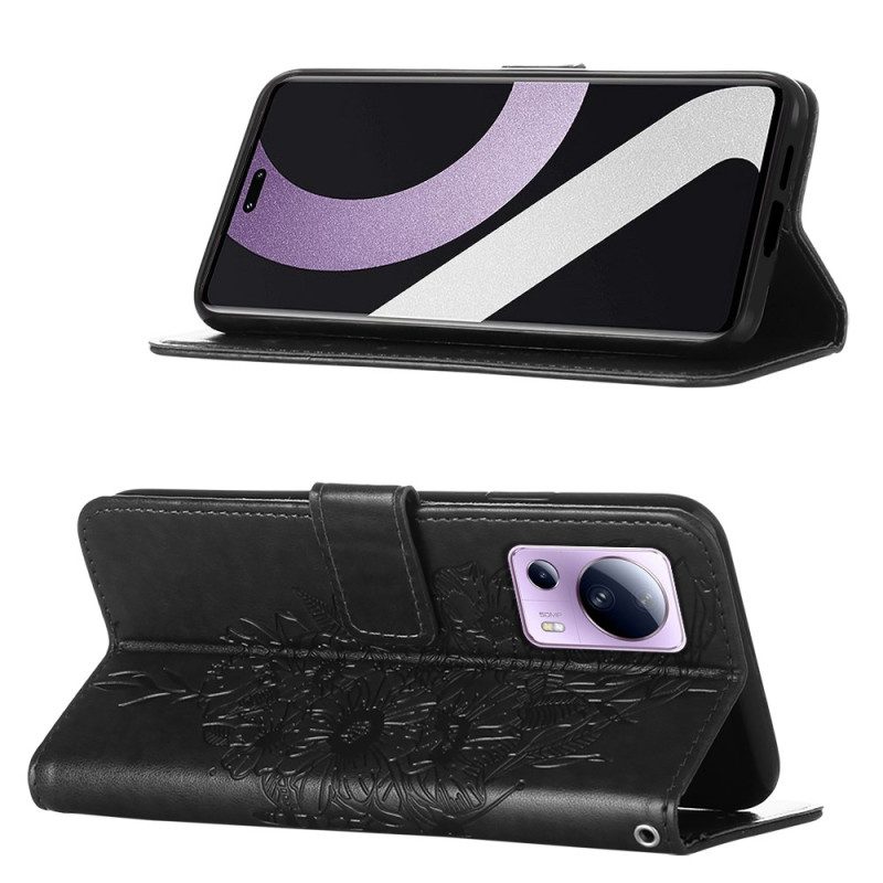 Custodia in pelle Xiaomi 13 Lite Design A Farfalla Con Cordino