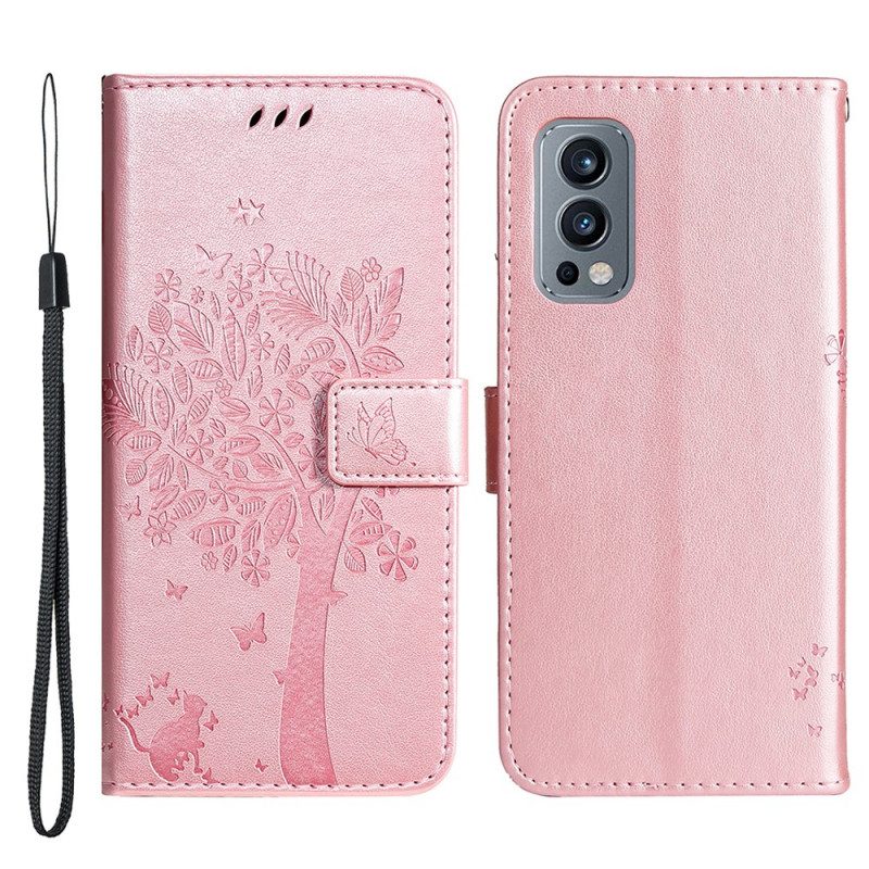 Custodia in pelle OnePlus Nord 2 5G Albero E Gatto Strappy