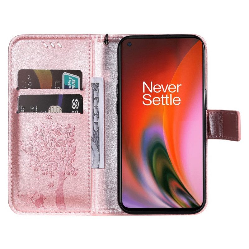 Custodia in pelle OnePlus Nord 2 5G Albero E Gatto Strappy