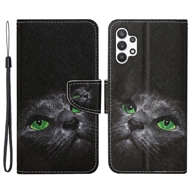 Custodia in pelle Samsung Galaxy A13 Gatto Dagli Occhi Verdi Con Cinturino