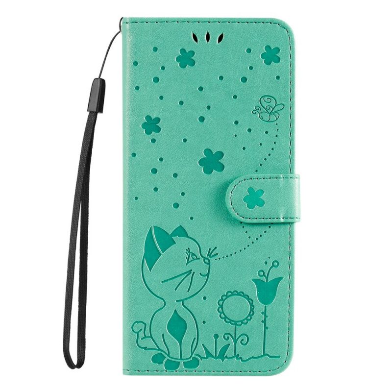 Custodia in pelle Realme 8i Gatto E Ape Con Cordino
