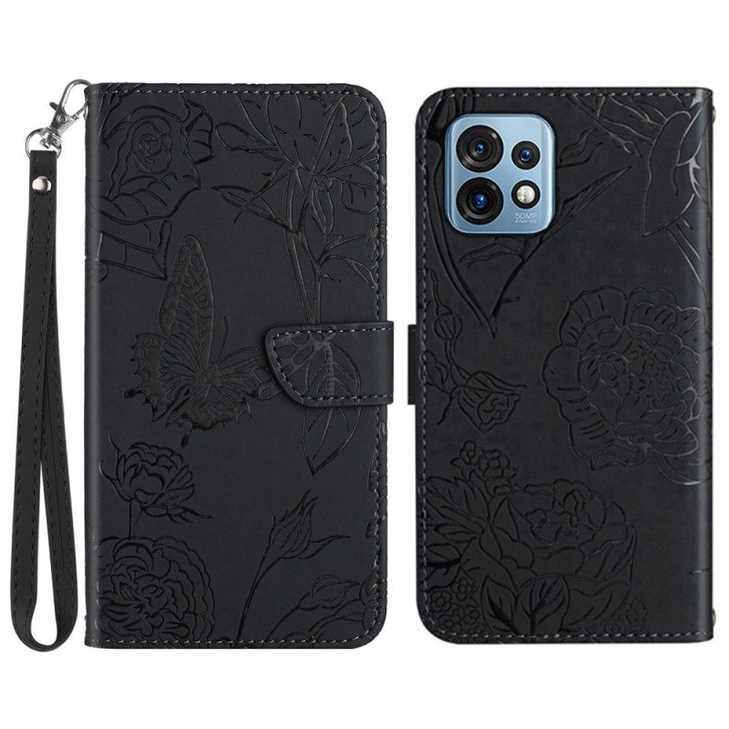 Custodia in pelle Motorola Edge 40 Pro Farfalla Con Cordino
