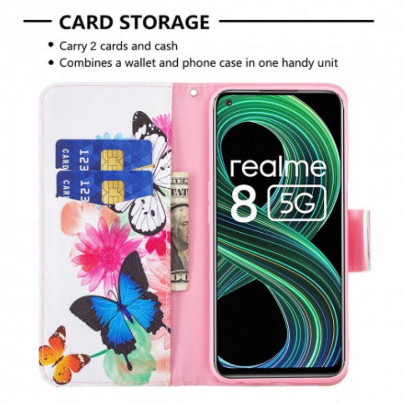 Custodia A Portafoglio Realme 8 5G Farfalle E Fiori Dipinti