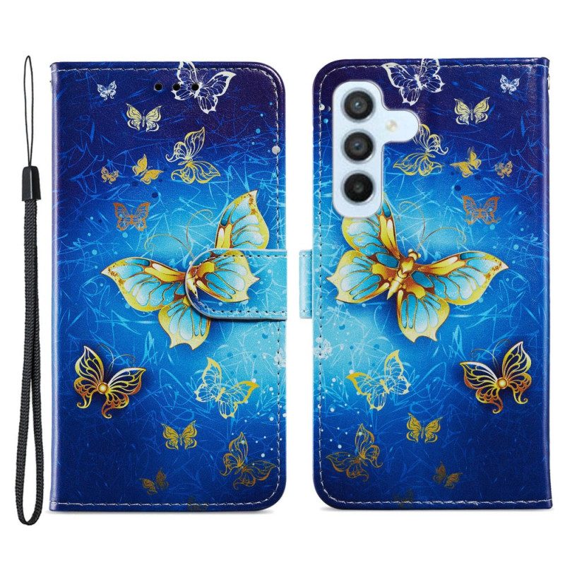 Custodia in pelle Samsung Galaxy A34 5G Farfalle Dorate Con Cinturino