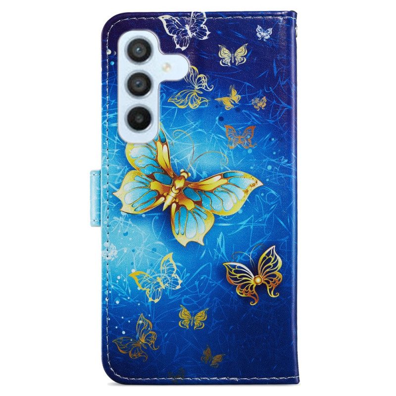 Custodia in pelle Samsung Galaxy A34 5G Farfalle Dorate Con Cinturino