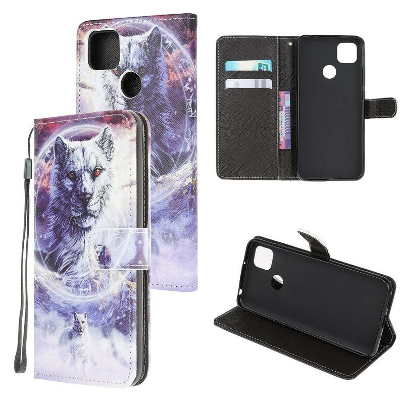 Folio Cover Xiaomi Redmi 9C Lupo In Inverno Con Cordino