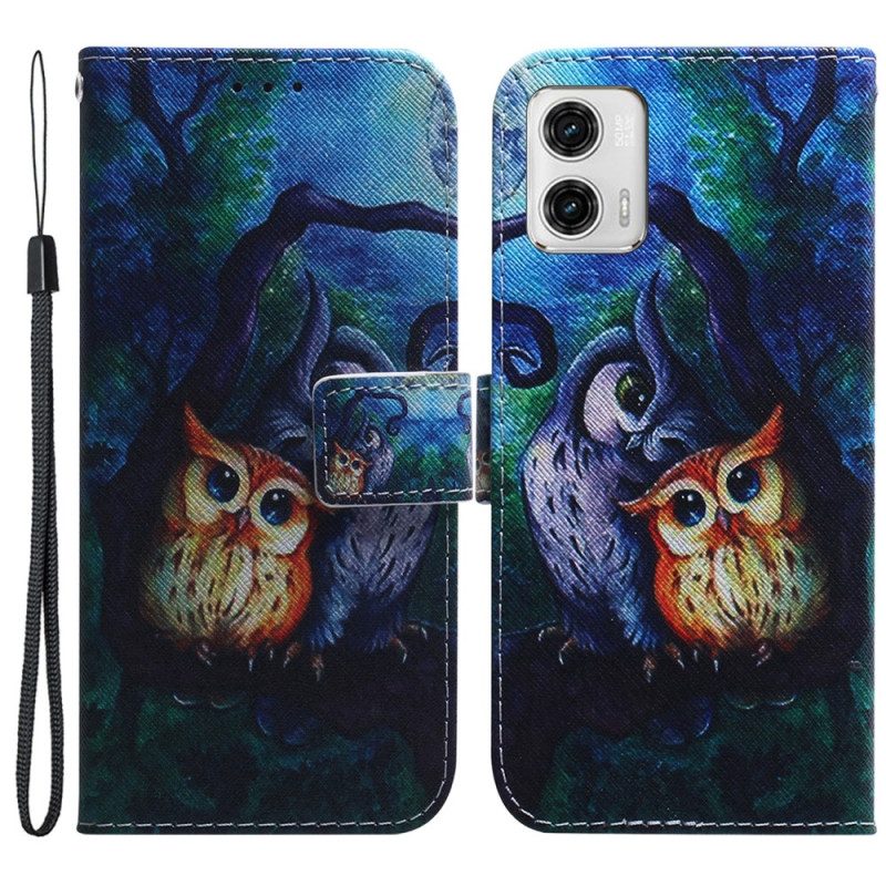 Custodia in pelle Moto G73 5G Dipinto Di Gufi Strappy