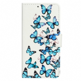 Custodia in pelle Moto G73 5G Farfalle Blu Nel Volo Della Cinghia