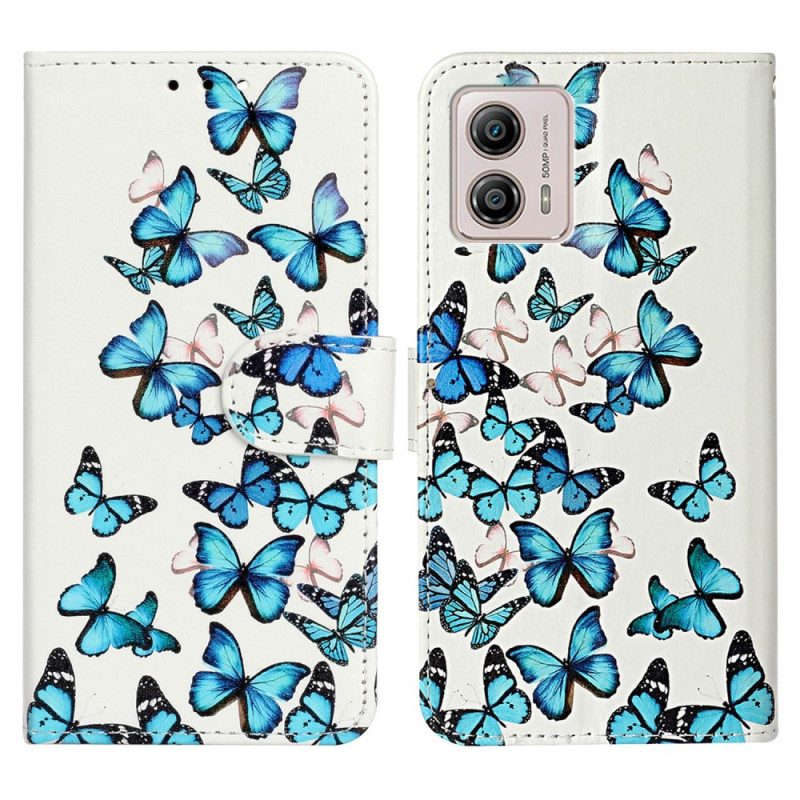 Custodia in pelle Moto G73 5G Farfalle Blu Nel Volo Della Cinghia