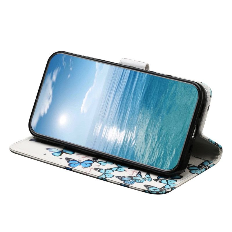 Custodia in pelle Moto G73 5G Farfalle Blu Nel Volo Della Cinghia