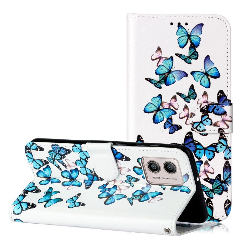 Custodia in pelle Moto G73 5G Farfalle Blu Nel Volo Della Cinghia