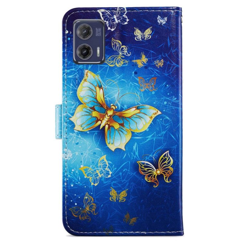 Custodia in pelle Moto G73 5G Farfalle Dorate Con Cinturino