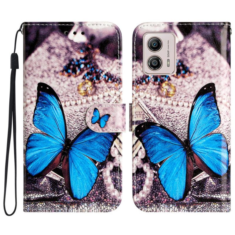 Custodia in pelle Moto G73 5G Preziosa Farfalla Blu Con Cinturino
