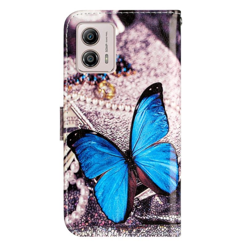 Custodia in pelle Moto G73 5G Preziosa Farfalla Blu Con Cinturino