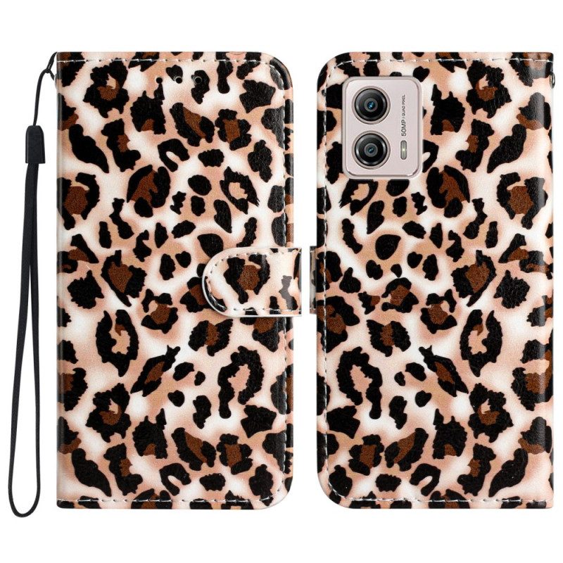Custodia in pelle Moto G73 5G Stampa Leopardata Con Cinturino