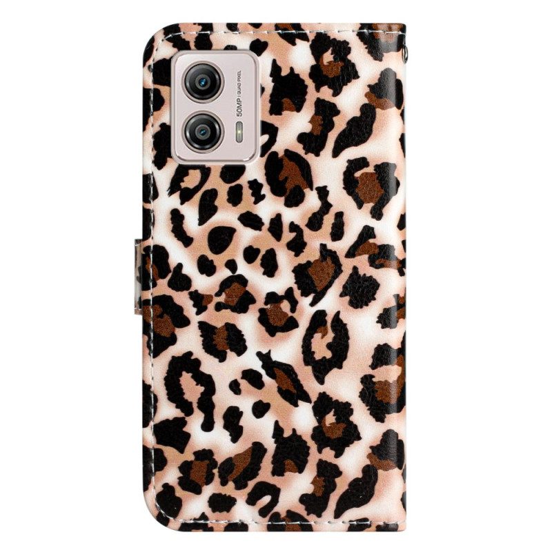 Custodia in pelle Moto G73 5G Stampa Leopardata Con Cinturino