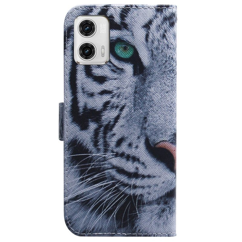 Custodia in pelle Moto G73 5G Tigre Bianca Strappy