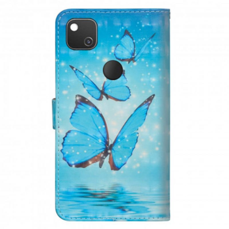 Custodia in pelle Google Pixel 4A Farfalle Blu Volanti