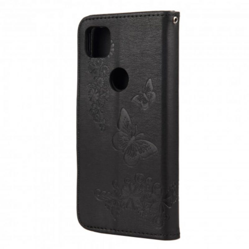Custodia in pelle Google Pixel 4A Solo Farfalle Con Cordino