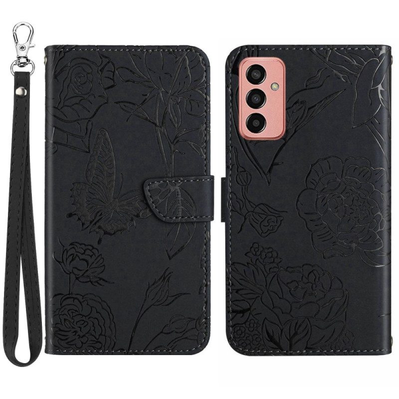 Folio Cover Samsung Galaxy M13 Farfalle Discrete E Cordino