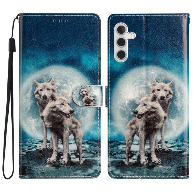 Custodia in pelle Samsung Galaxy A54 5G Lupo Sotto La Luna Con Cordino