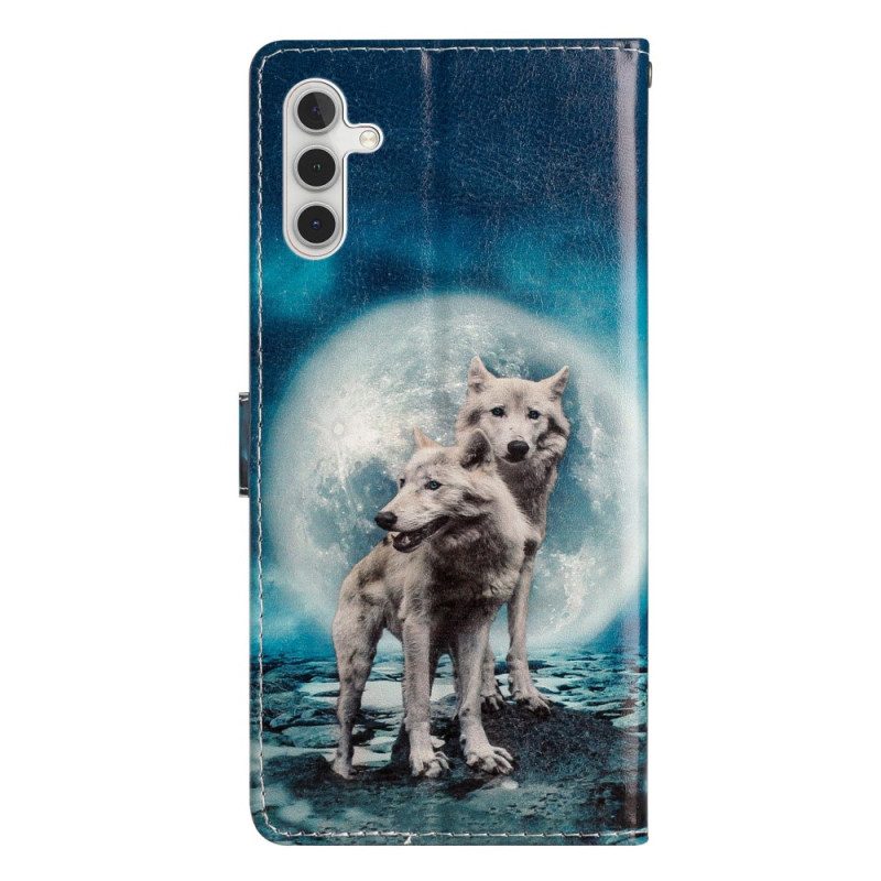 Custodia in pelle Samsung Galaxy A54 5G Lupo Sotto La Luna Con Cordino