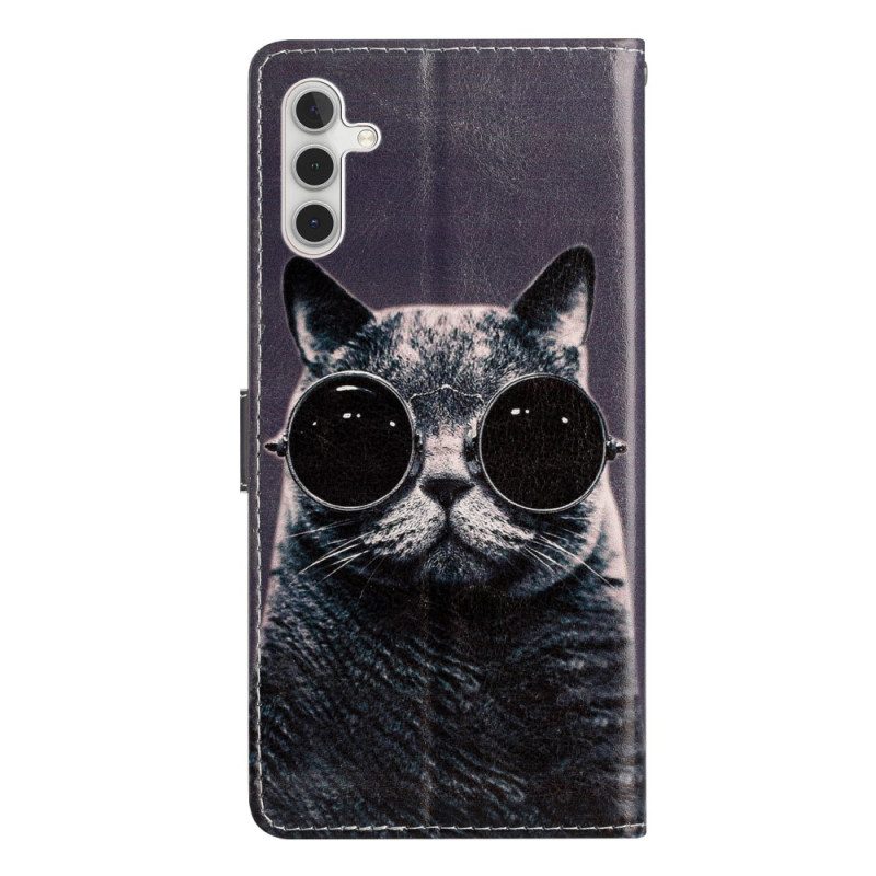 Custodia in pelle Samsung Galaxy A54 5G Occhiali Con Cinturino Da Gatto