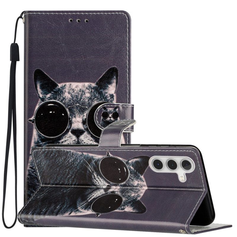 Custodia in pelle Samsung Galaxy A54 5G Occhiali Con Cinturino Da Gatto