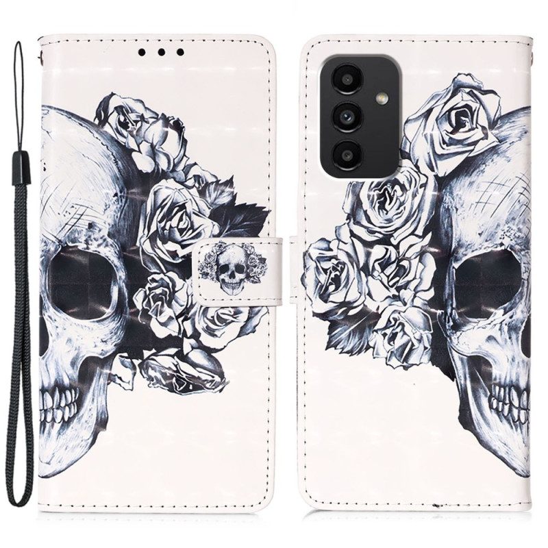 Custodia in pelle Samsung Galaxy A54 5G Teschio Floreale Con Cinturino
