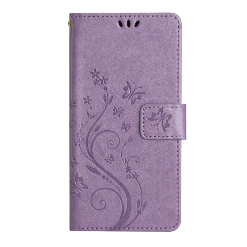 Folio Cover Samsung Galaxy A54 5G Fiori E Farfalle Con Cinturino