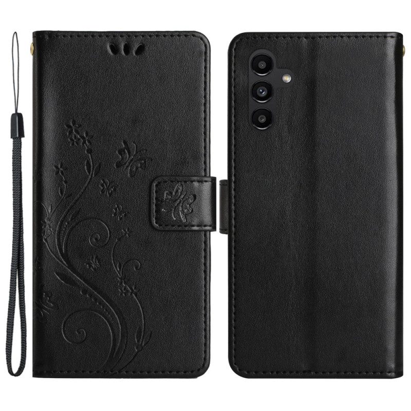 Folio Cover Samsung Galaxy A54 5G Fiori E Farfalle Con Cinturino