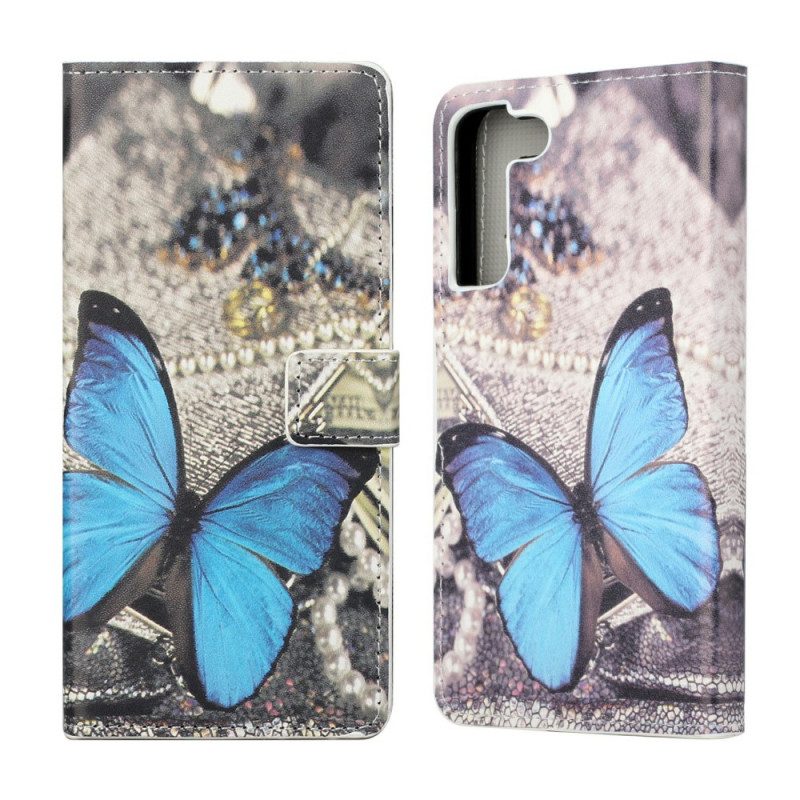 Custodia in pelle Samsung Galaxy S22 Plus 5G Farfalla Prestigio Blu