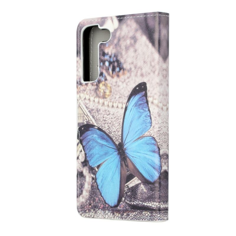Custodia in pelle Samsung Galaxy S22 Plus 5G Farfalla Prestigio Blu
