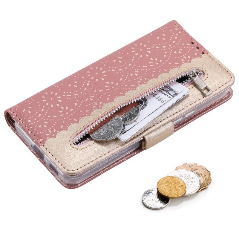 Custodia in pelle Samsung Galaxy S22 Plus 5G Portamonete Con Cinturino In Pizzo